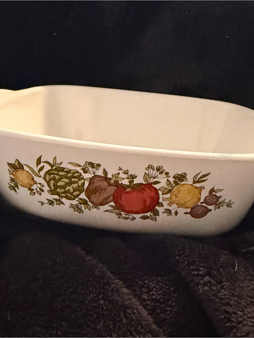 Corningware White Casserole Dish with Fruit and Vegetable Motif